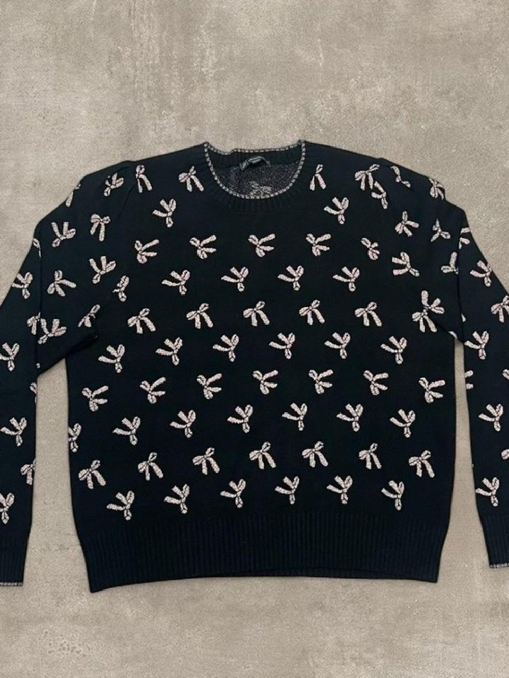 Adrianna Papell Sweater Womens Black Bow Print Crewneck Knit Size L